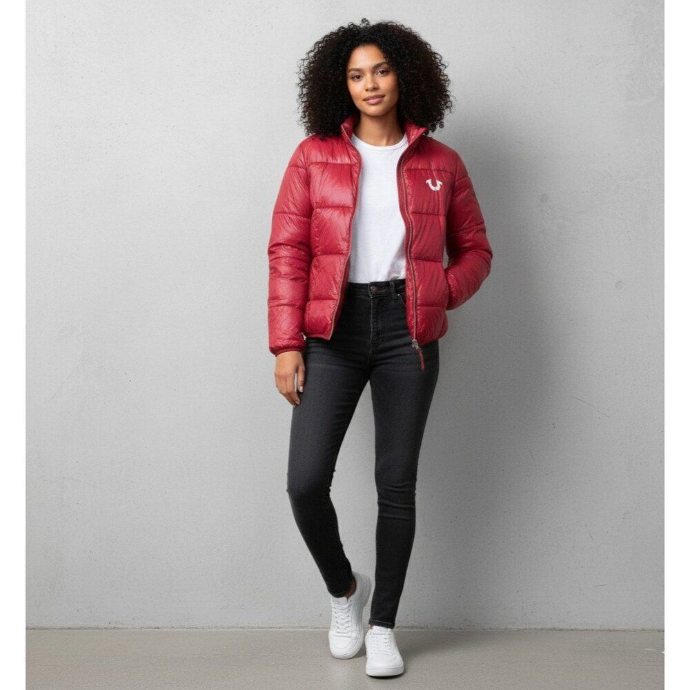 True Religion Women's Small Horse Shoe Slim Red Puffer Jacket Lightweight Zip Up